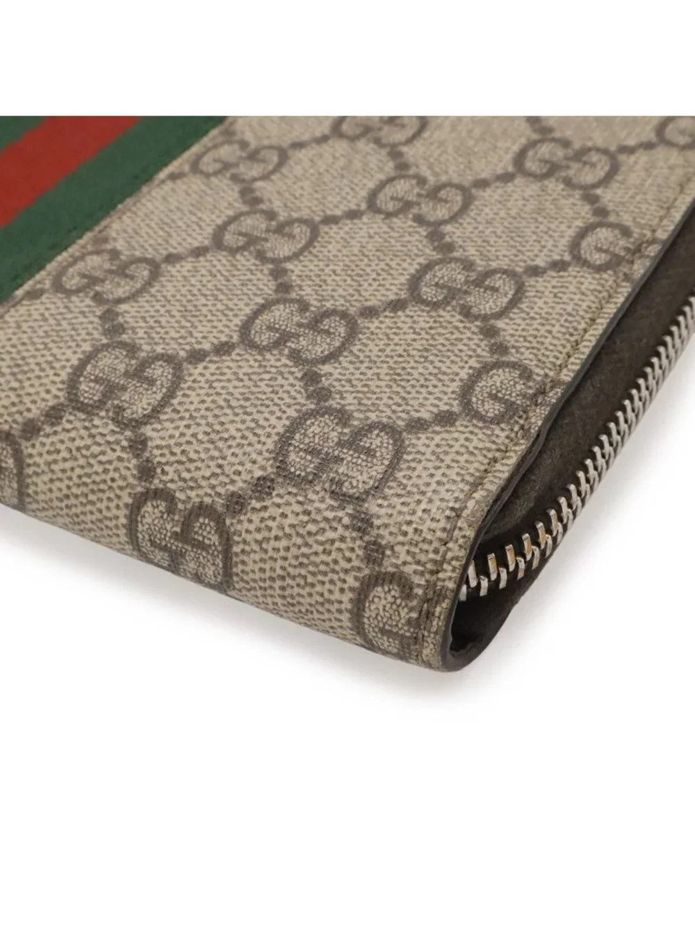 Gucci GG Supreme Sherry Line Web Zip Around Wallet Leather Khaki Beige Dark